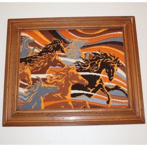 Vintage 70s 80s Horses Framed Needlepoint